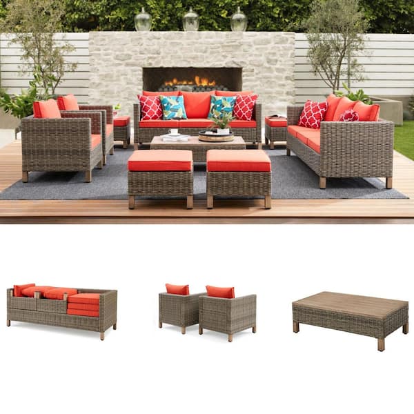9-Piece Wicker Patio Conversation Set with Orange Cushions