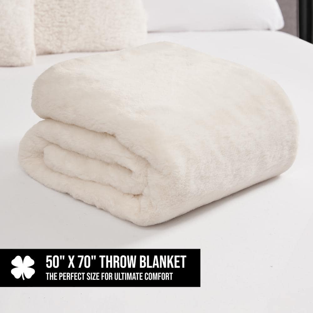 Ivory Faux Rabbit Fur Reversible Throw Blanket 50" x 70"