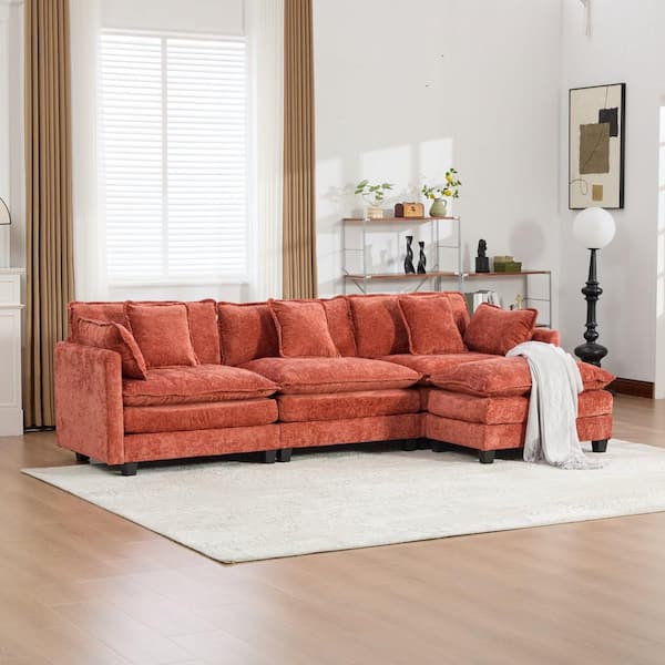 Roan 113.8 in. W Rectangle Round Arms Chenille Modern Sectional Sofa in Orange
