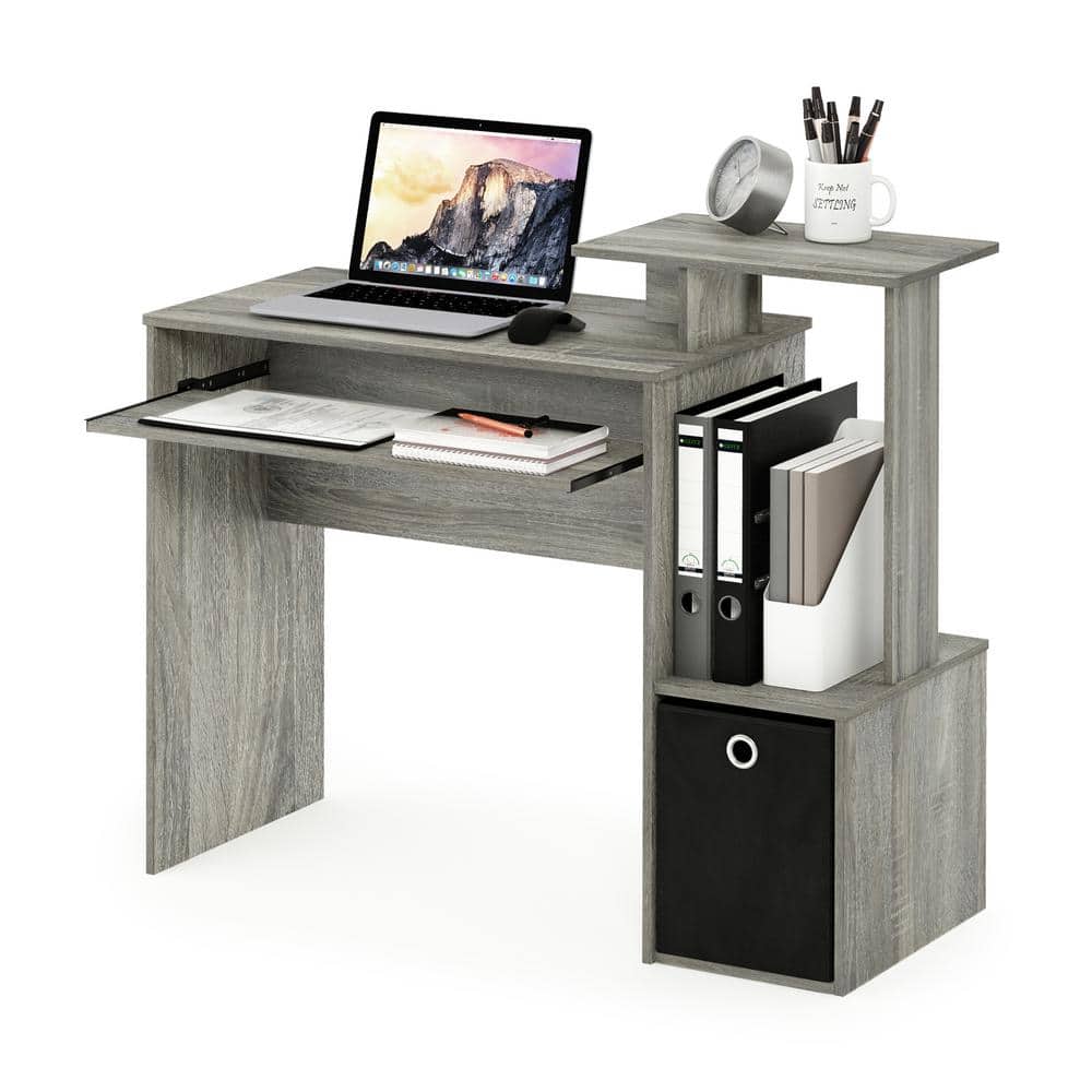 Compact French Oak Grey Computer Desk with Keyboard Tray and Storage Bin