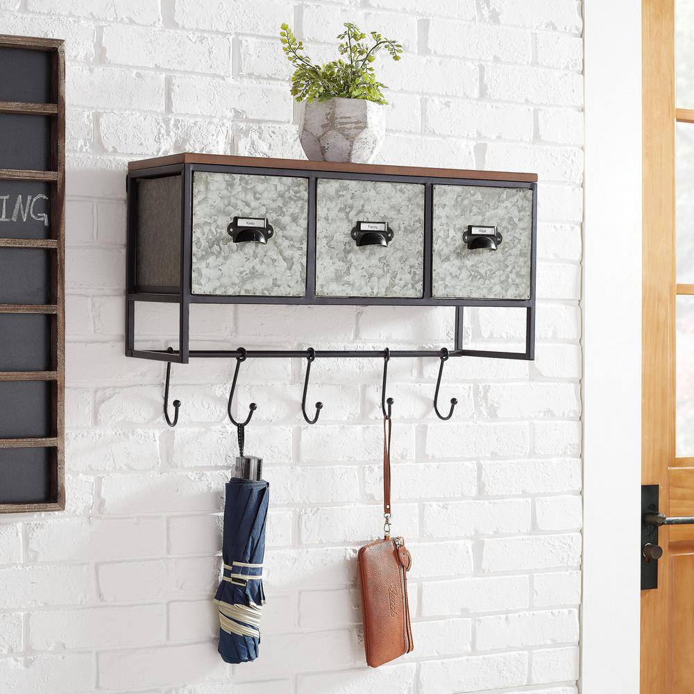 StyleWell 15 in. H x 22 in. W x 9 in. D Wood, Black and Galvanized Metal Wall  Organizer with 3 Cubbies and 5 Hooks V191110 - The Home Depot