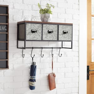 15 in. H x 22 in. W x 9 in. D Wood, Black and Galvanized Metal Wall Organizer with 3 Cubbies and 5 Hooks