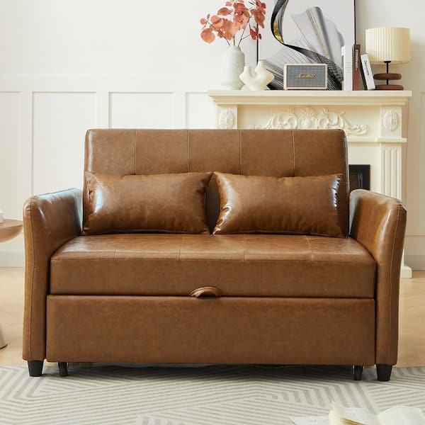 51.57 in. Square Arm Faux Leather Square with 3-USB Ports Sofa in Brown