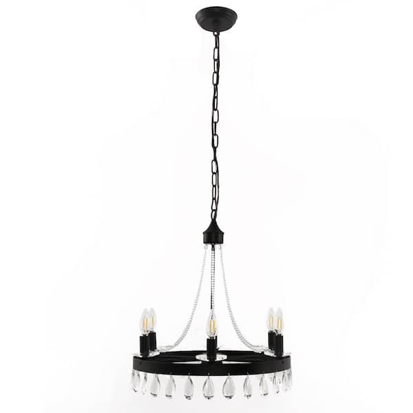 6-Light Moderen Matte Black Wagon Wheel Chandelier with Hanging Crystal Strands, Finish and E12 Sockets