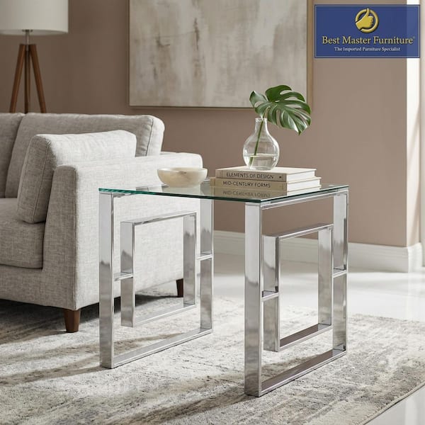 21.5 in. W x 21.5 in. H Silver Finish Square Shape Glass Top End Table