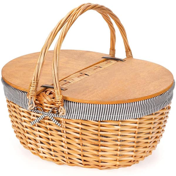 1-Piece Grey Stripe Wicker Picnic Basket Set with Removable Liner and Folding Handle for Picnic, Outdoor Activities