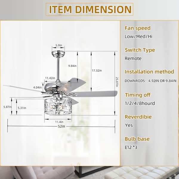 CIPACHO 52 in. Indoor Chrome Ceiling Fan with 5 Wood Blades 