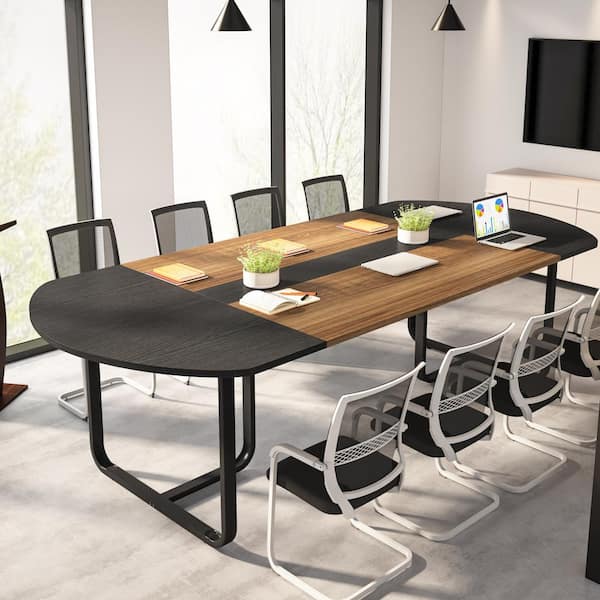 BYBLIGHT Moronia 70.86 in. Oval Black and Brown Wood Conference Table Desk Seminar Table Executive Desk with Metal Frame Seats 6