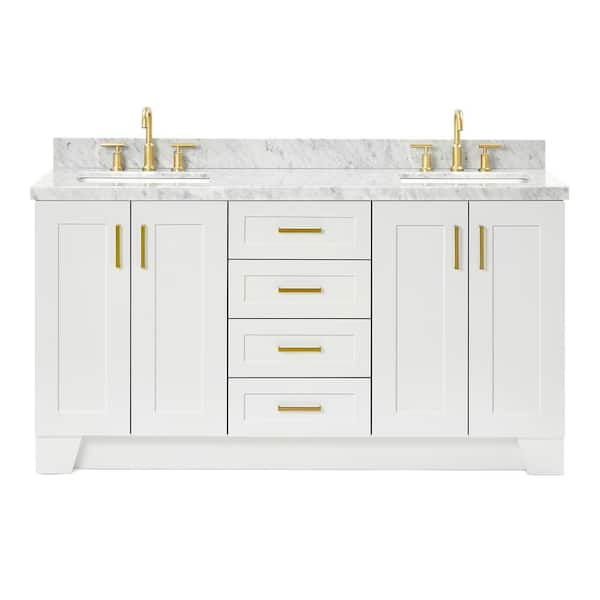 Taylor 66 in. W x 22 in. D x 36 in. H Double Sink Freestanding Bath Vanity in White with Carrara White Marble Top