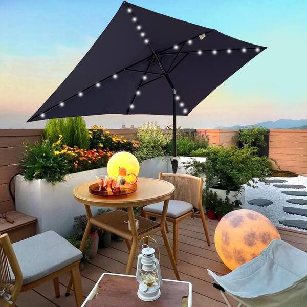 lighted rectangluar patio umbrella navy Kingdura 15ft Large with Solar Lights, Double-Sided Rectangle Outdoor Table Umbrella with Base Included, 12 Reinforced Ribs, 48 Led Lights, Crank Lift for Market Pool Deck Backyard a perfect blend of functionality and aesthetics to elevate your outdoor experience JEAREY 8x10 ft Rectangular LED