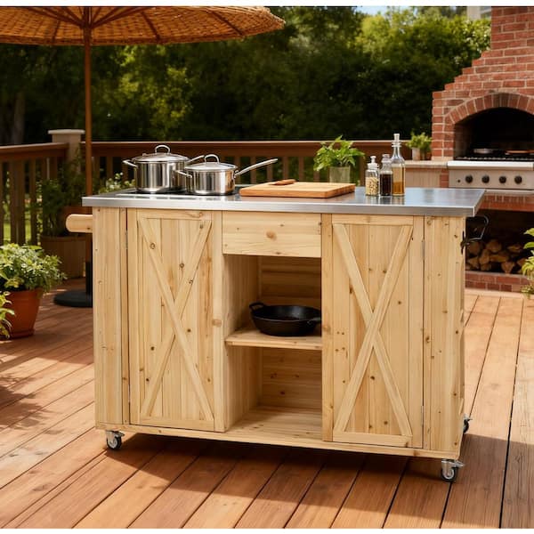 Natural Wood Outdoor Bar Cart with Stainless Steel Top, Kitchen Island with Adjustable Shelves and Storage Cabinet