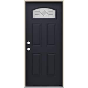 36 in. x 80 in. Right-Hand Camber Top Caldwell Decorative Glass Black Steel Prehung Front Door