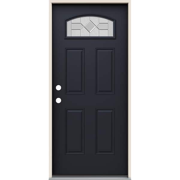 JELD-WEN 36 in. x 80 in. Right-Hand Camber Top Caldwell Decorative Glass Black Steel Prehung Front Door