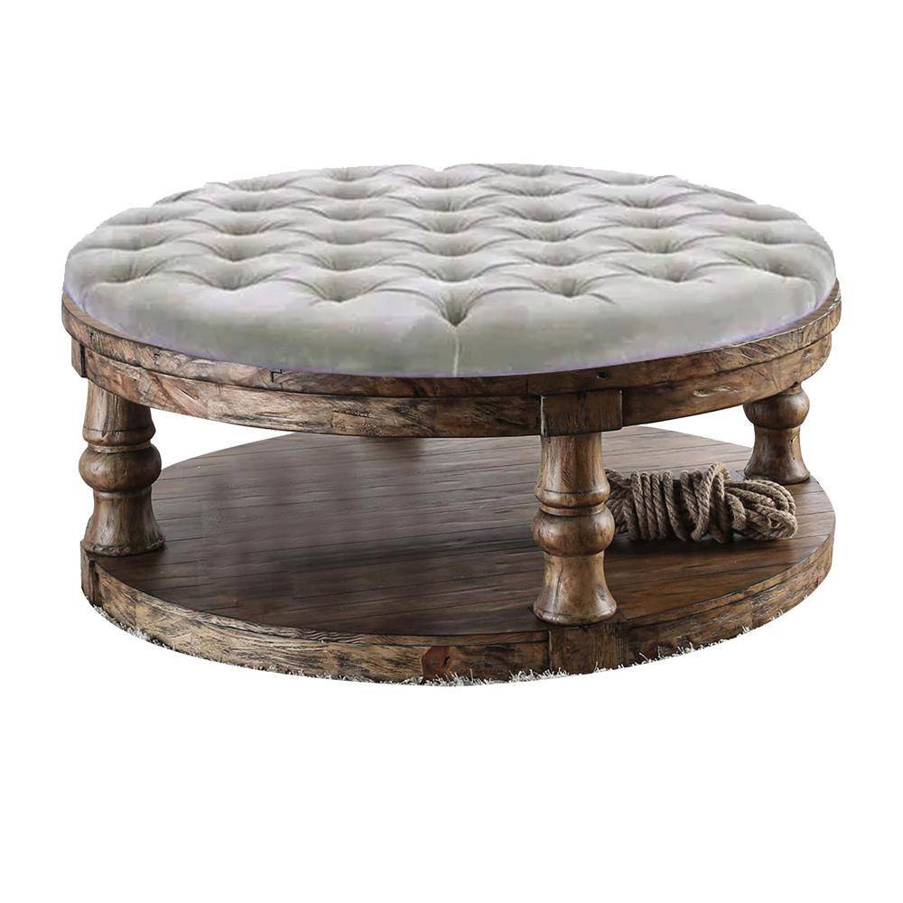 Pastoral Charm Round Oak Coffee Table with Button-Tufted Beige Linen Top