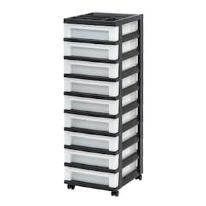 14.25 in. L x 12.05 in. W x 37.75 in. H 9-Drawer Storage Cart with Organizer Top in Black and Pearl