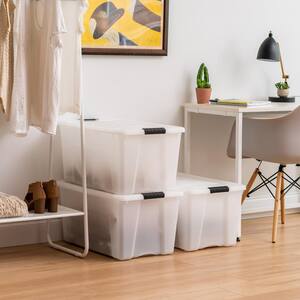 70 Qt. Stack and Pull Nesting Storage Tote, with Black Latching Clips, in White, (3 Pack)