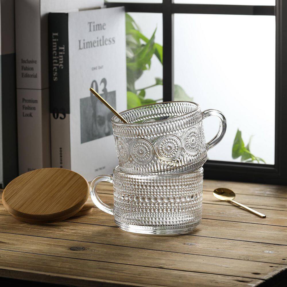 14 oz. Patterned Clear Glass Mug Set with Bamboo Lids and Golden Spoons, Decorative Kitchenware for Breakfast and Drinks - Thumbnail 4