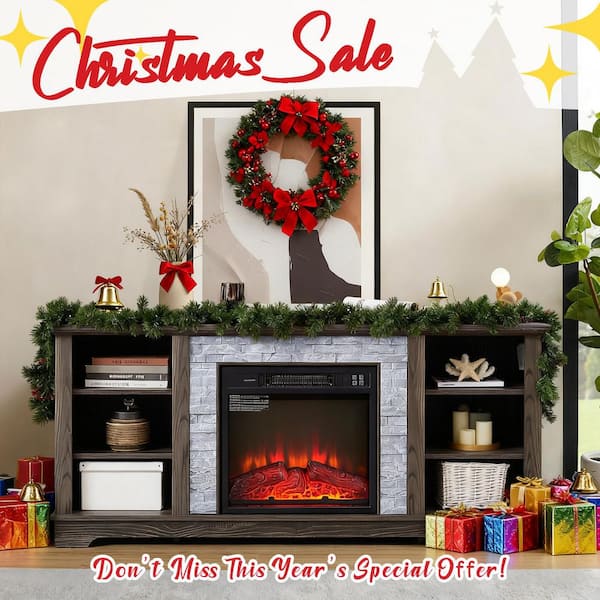 58 in. W Freestanding Wooden Modern Electric Fireplace TV Stand with Faux Stacked Stone Surround in Grey