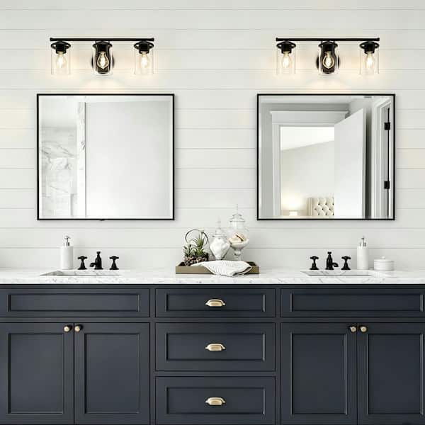 Modern Matte Black Vanity Light 21.75 in. 3-Light Bathroom Powder Room Wall Light with Cylinder Clear Glass Shades