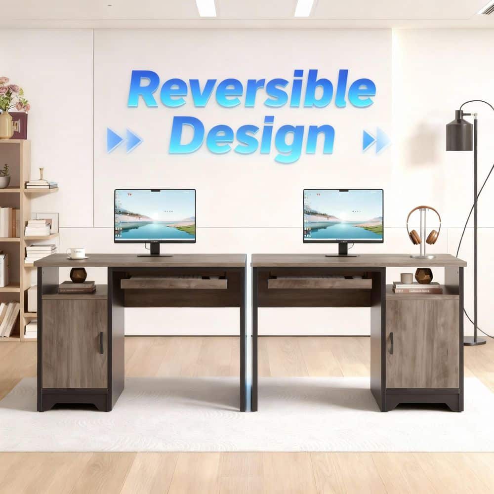 47.2 in. Rectangular Gray Reversible Office Desk with Storage Magnetic Cabinet,Study Writing Desk with Keyboard Tray - Thumbnail 3