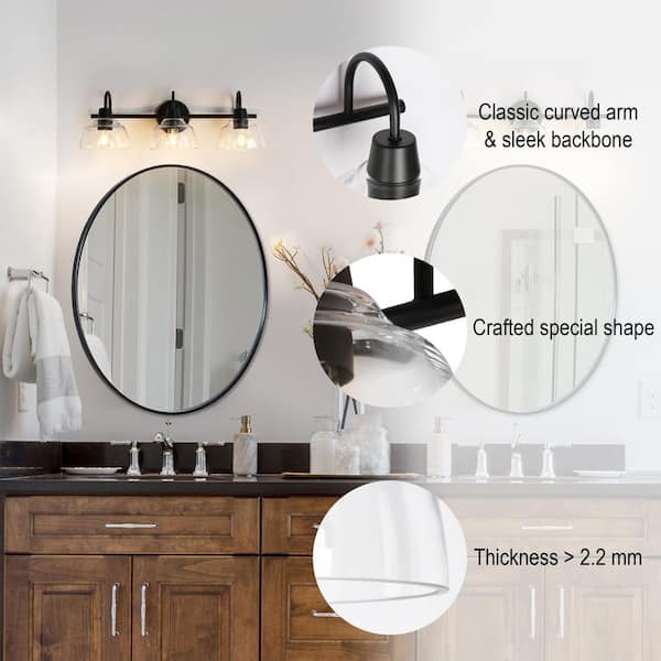 24.4 in. 3-Light Modern Transitional Black Bathroom Vanity Light with Clear Glass Shade, Farmhouse Powder Room Light