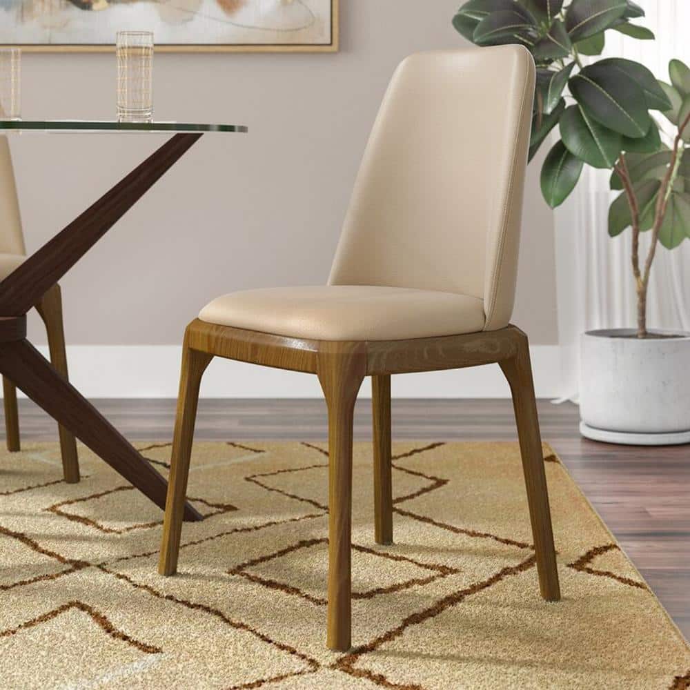 Tan Faux Leather Parsons Dining Chair with Walnut Wood Legs