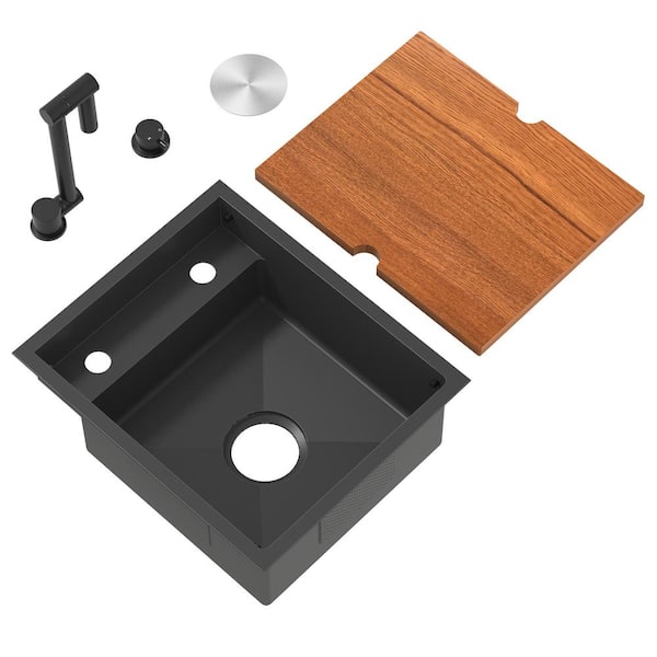 Stainless Steel 15 in. Undermount Bar Sink with Adjustable Faucet and Cutting Board in Black