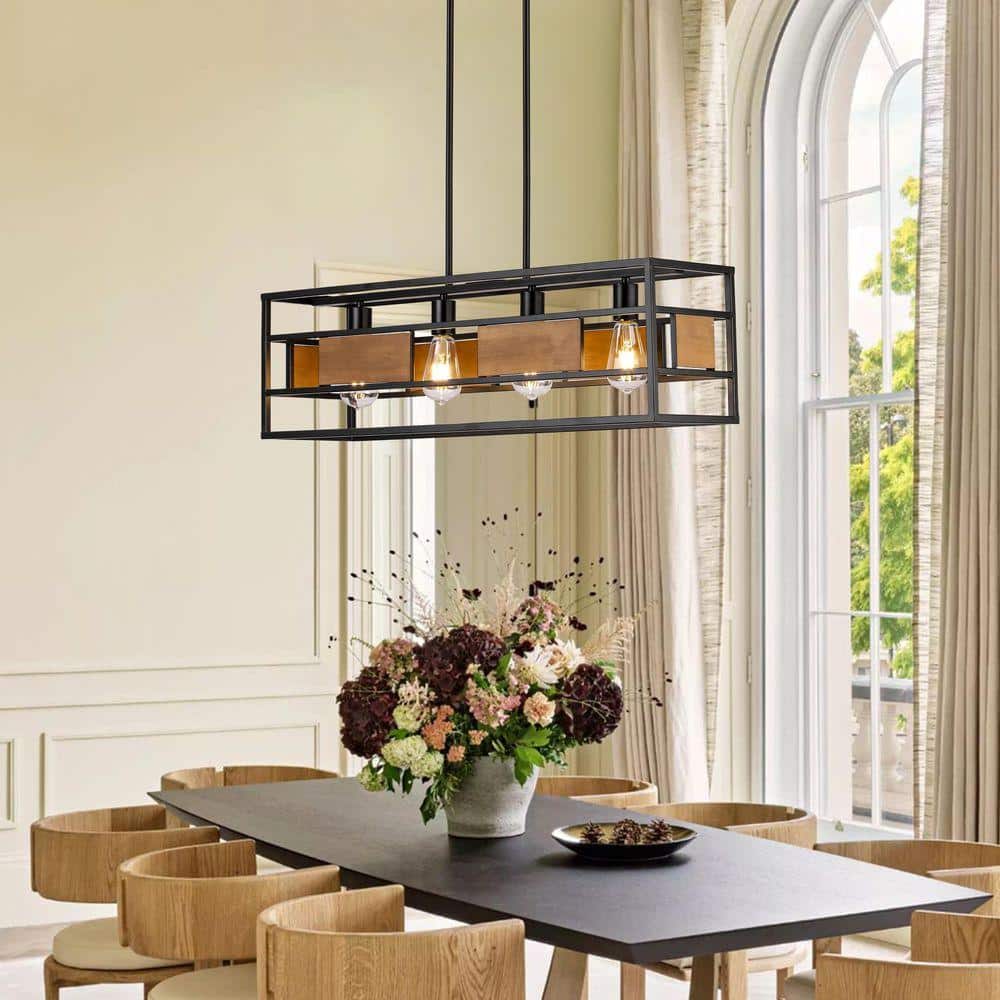 QRMOK JASM 4-Light Black Farmhouse Style Rectangular Iron and Wood