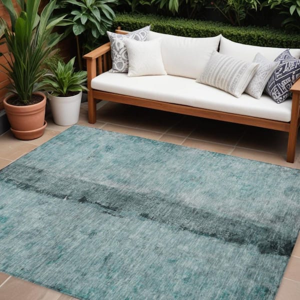 Teal Blue, Aqua, Charcoal 9 ft. x 12 ft. Woven Abstract Polyester Rectangle Indoor/Outdoor Area Rug