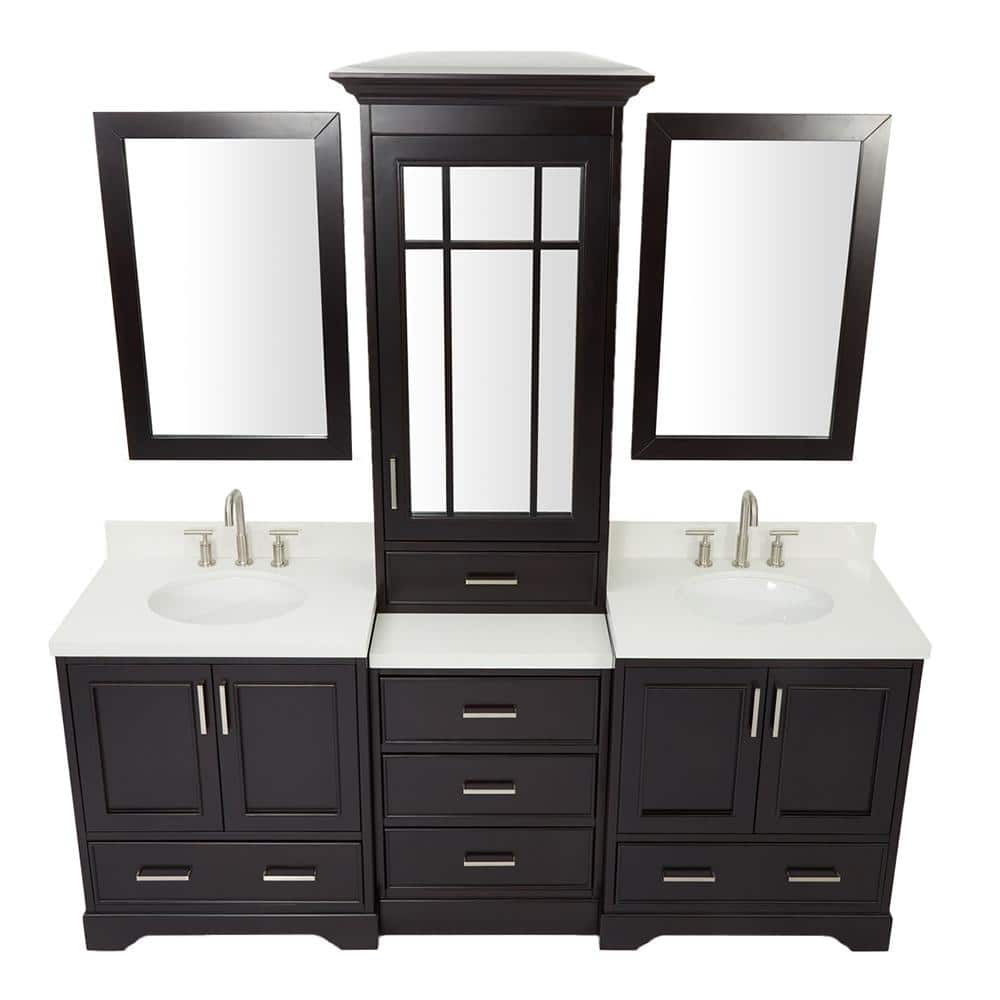 Espresso Double Sink Vanity Set with White Quartz Top and Mirrors
