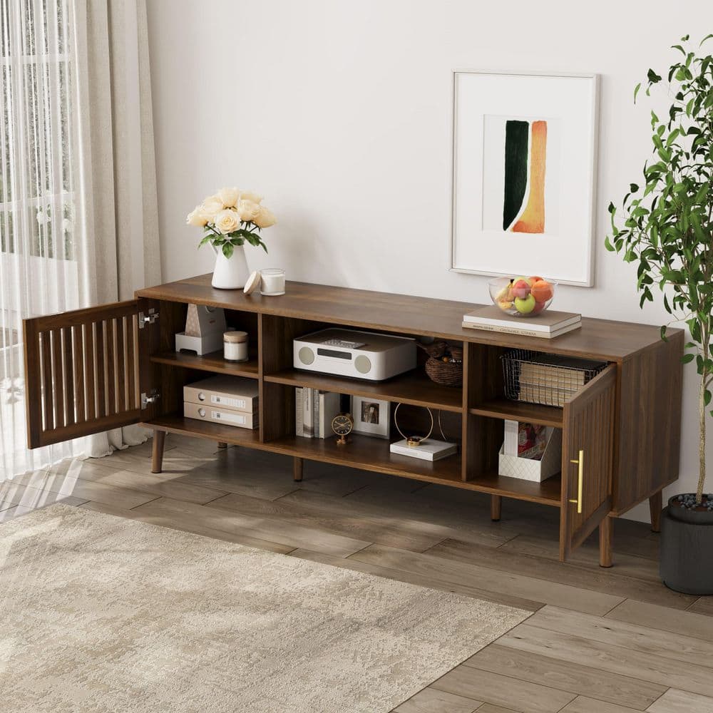 Thaddeus 62.99 in. Walnut TV Stand Fits TVs up to 70 in. with Grille Door Cabinets and Adjustable Storage Rack price history on PriceWatchPro