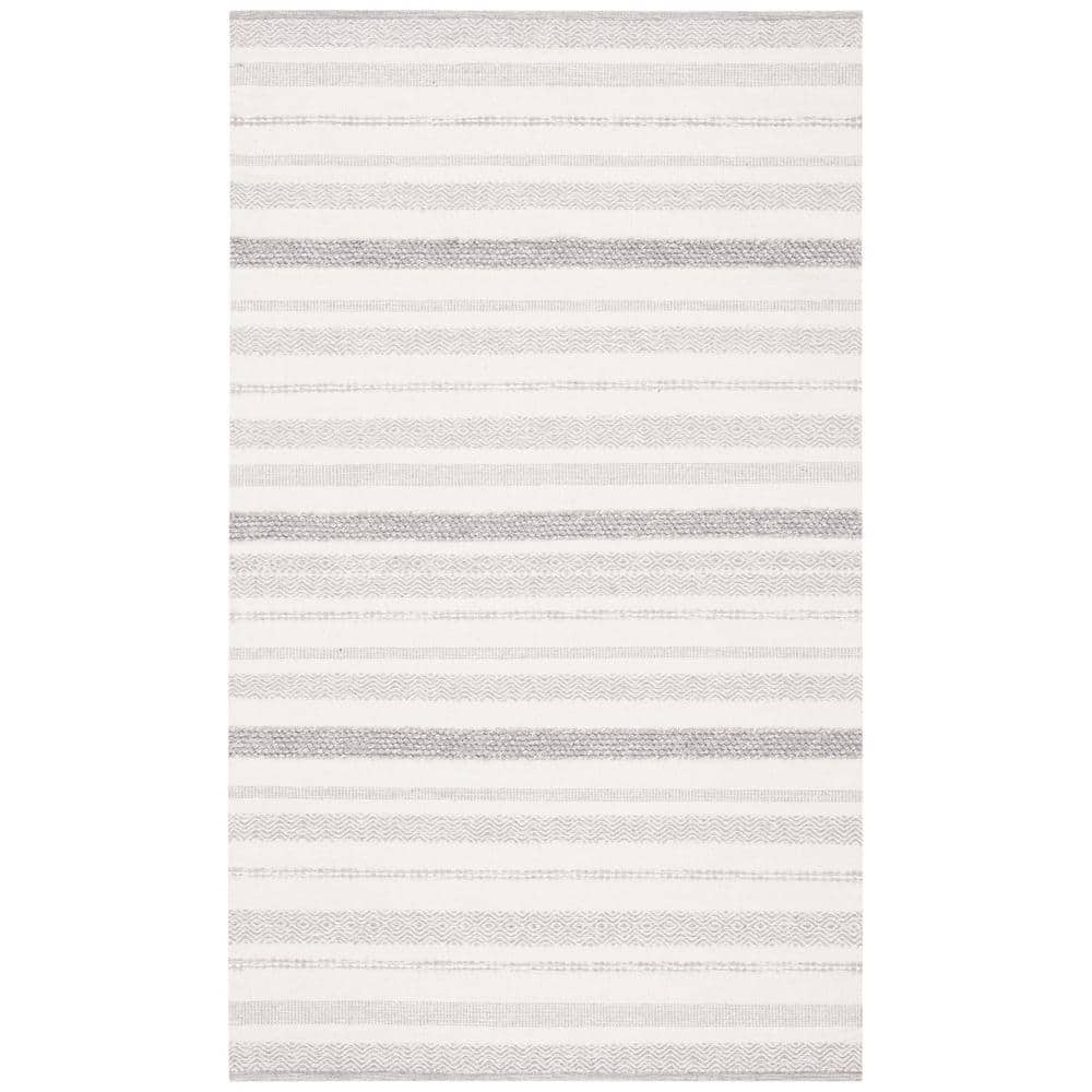 Ivory and Gray Striped Wool Cotton 8' x 10' Area Rug