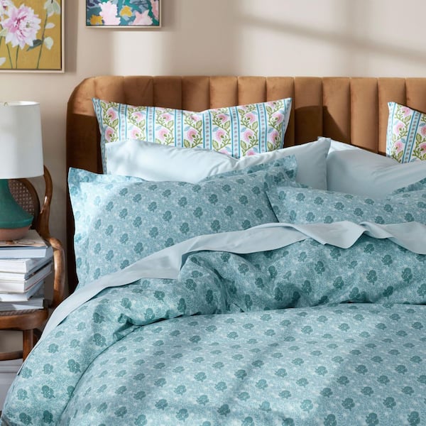Company Cotton Mini Garden Flower Blue/Ivory Cotton Percale King Fitted Sheet