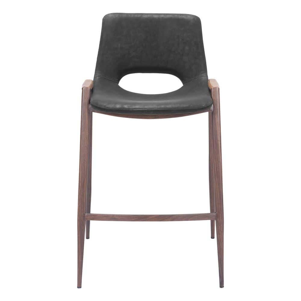 Black Leather and Walnut Wood Counter Stools, Set of 2