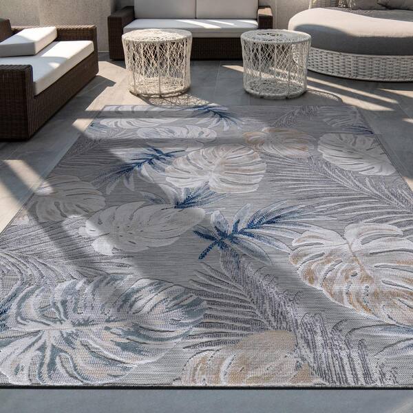 CAMILSON Indoor Outdoor Rug Blue 5x7 Floral Exotic Tropical Area Rugs For Indoor And Outdoor Patios, Easy-Cleaning Non-Shedding Living Room, Garden And Kitchen Washable Outside Carpet (5X 7