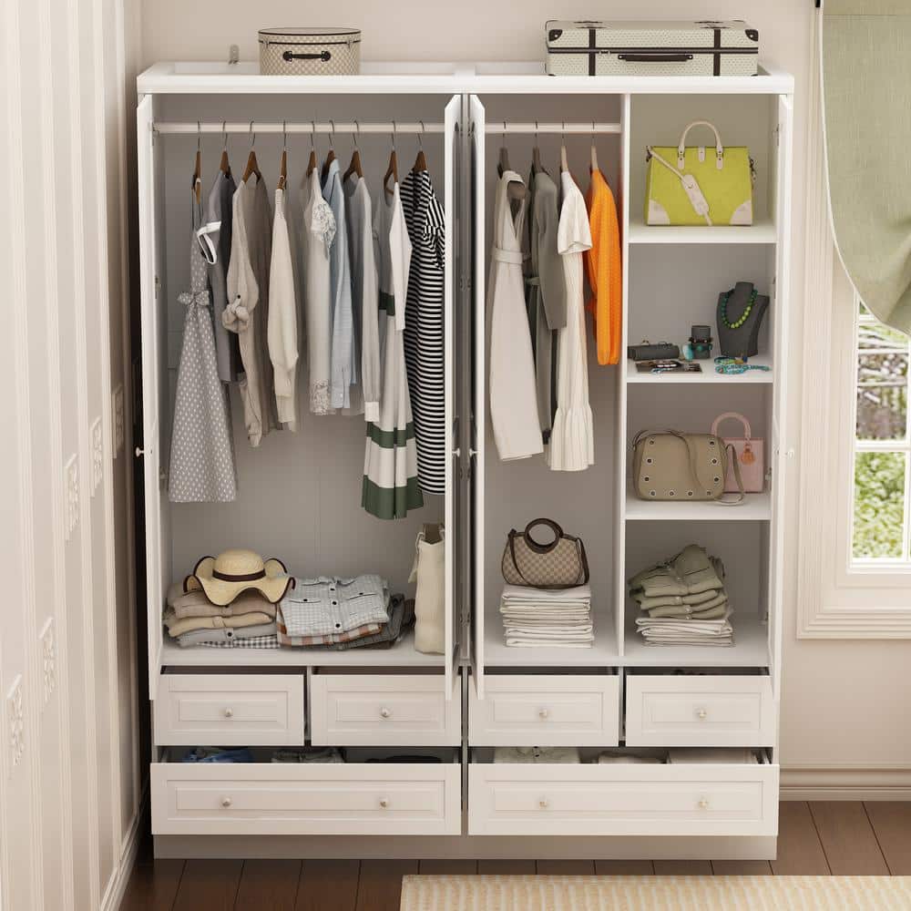 White Wood 63 in. W Big Wardrobe Armoires Mirror, Hanging Rods, Drawers, Adjustable Shelves, 78.7 in. H x 19.7 in. D - thumbnail 6