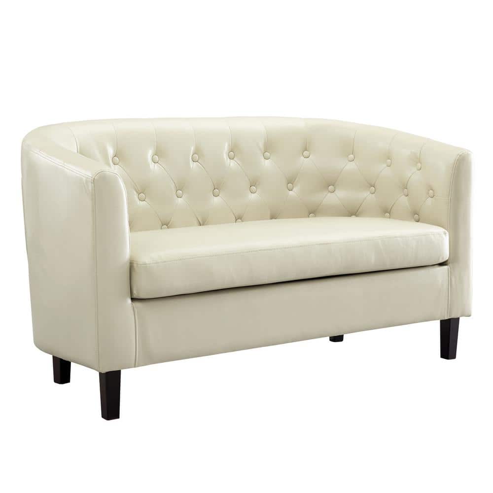 Cream Tufted Faux Leather Loveseat with Wooden Legs