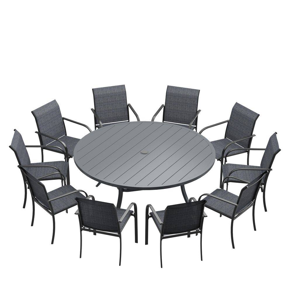 11-Piece Metal Outdoor Dining Set with Grey Round Table and 10 Grey Stackable Dining Chairs for 10 Person