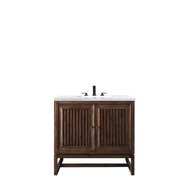 James Martin Vanities Athens 36 in. W x 23.5 in. D x 34.5 in. H Bath Vanity in Mid Century Acacia with Artic Fall Solid Surface Top and Basin