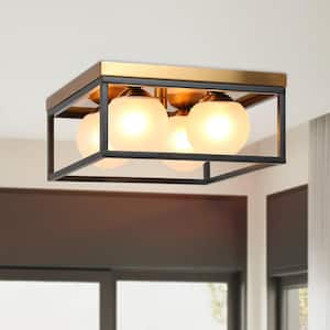 14 in. 4-Light Black Flush Mount Light, Frosted Glass Brass Ceiling Light, Modern Farmhouse Foyer Light Fixture