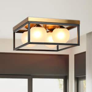 Modern Farmhouse 4-Light Brass Flush Mount Light with Globe Frosted Glass Shade, 14 in. Black Square Foyer Ceiling Lamp