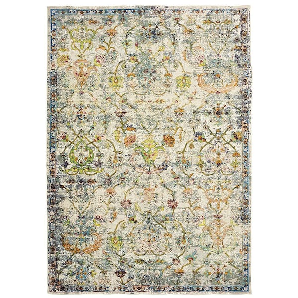 Gracie Persian Classic Victorian Green 9 ft. x 12 ft. Distress Floral Indoor Area Rug