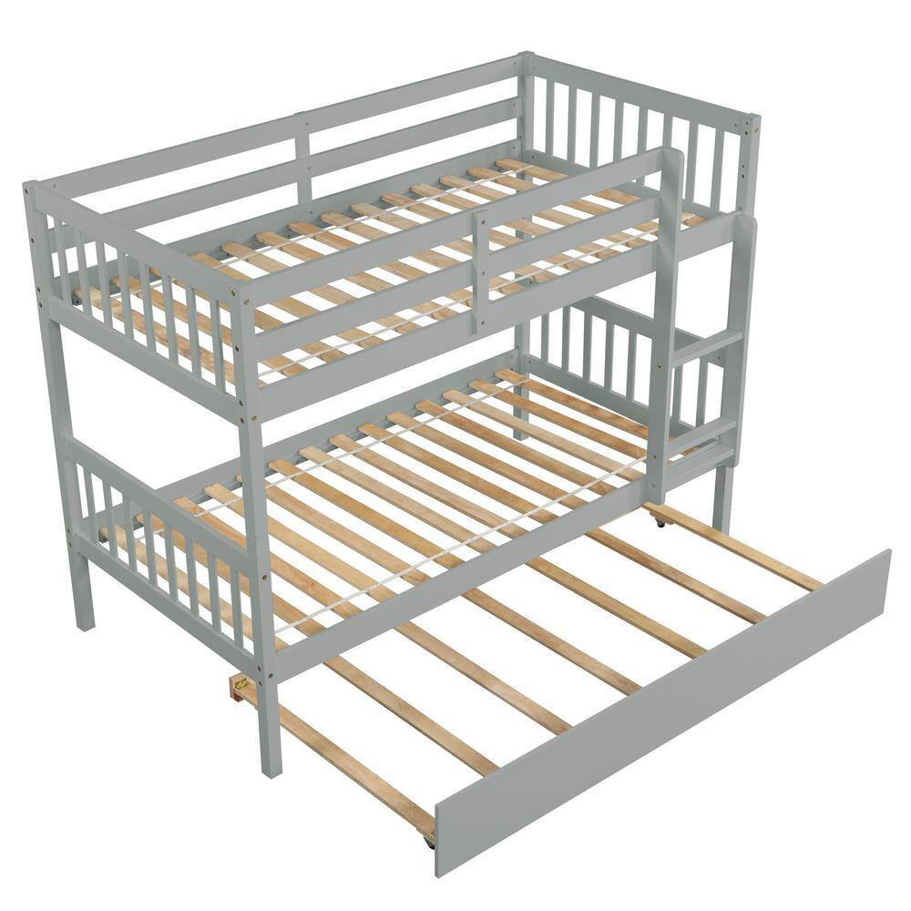 Huluwat Grey Twin Size Pine Wood Frame Bunk Bed with Trundle, Guard