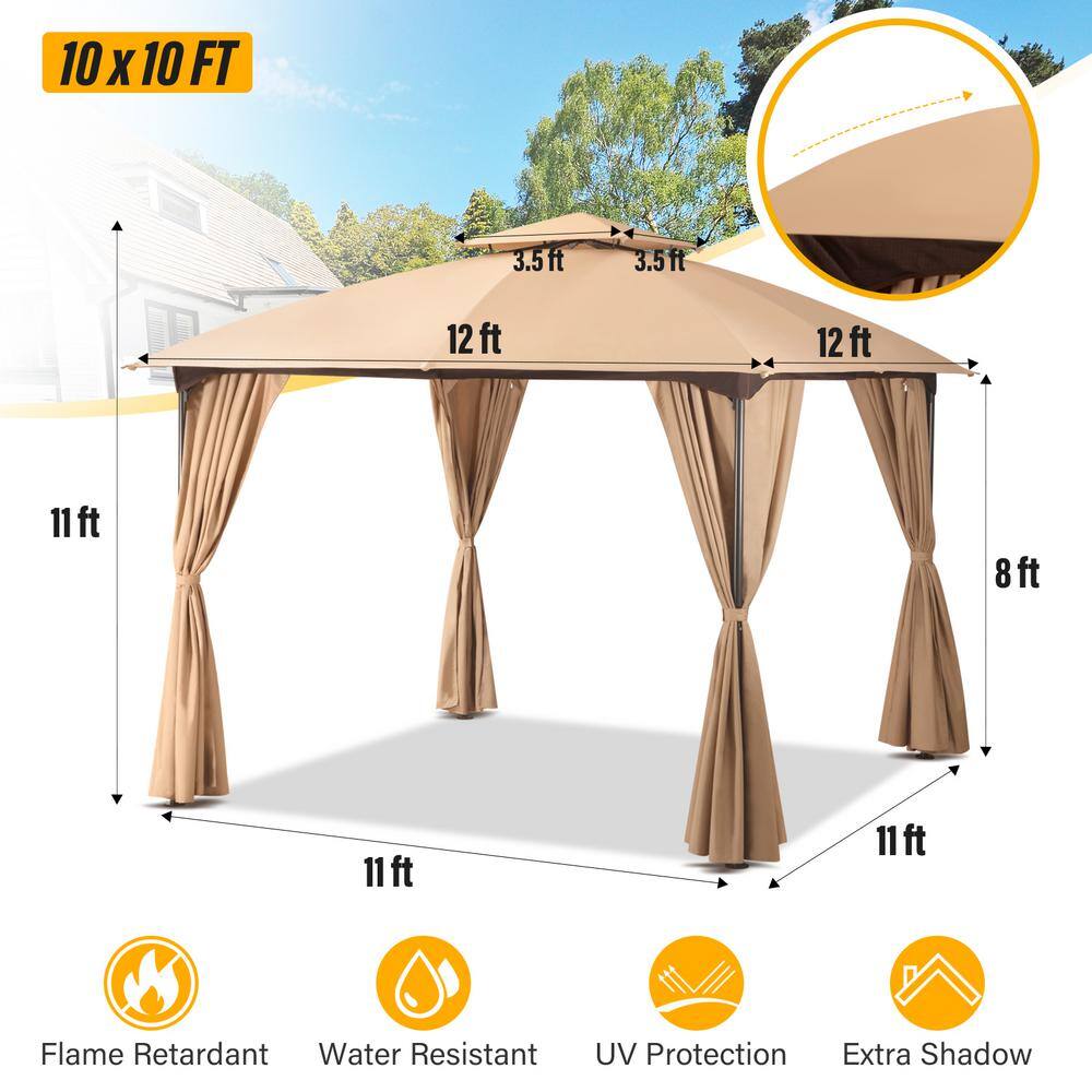 10x10 Khaki Steel Patio Gazebo with Privacy Curtains