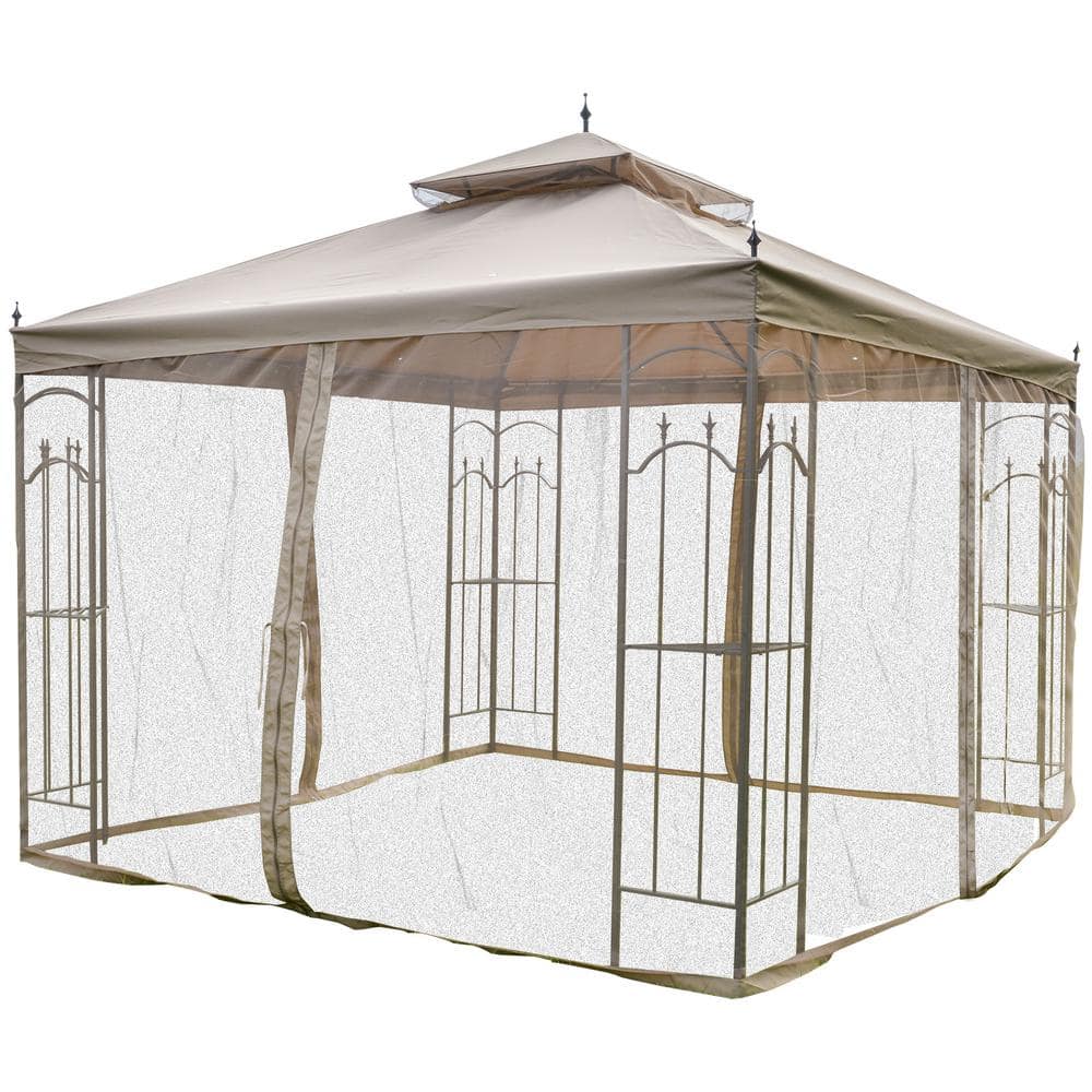 Large Brown Steel Outdoor Garden Gazebo with Mesh Curtains