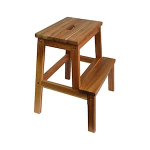 Brown Acacia Wood Rectangle Top 2 Steps Garden Stool