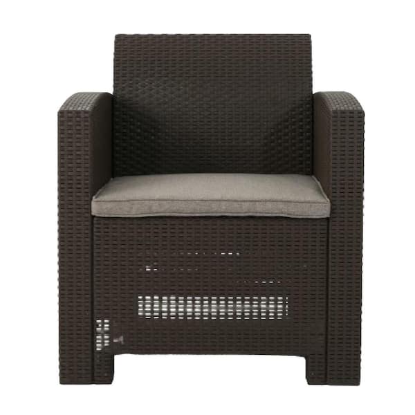 Mixed Brown Wicket Outdoor Lounge Chair with Mixed Beige Cushions Brown Faux Wicker Club Chairs with WaterProof Cushions