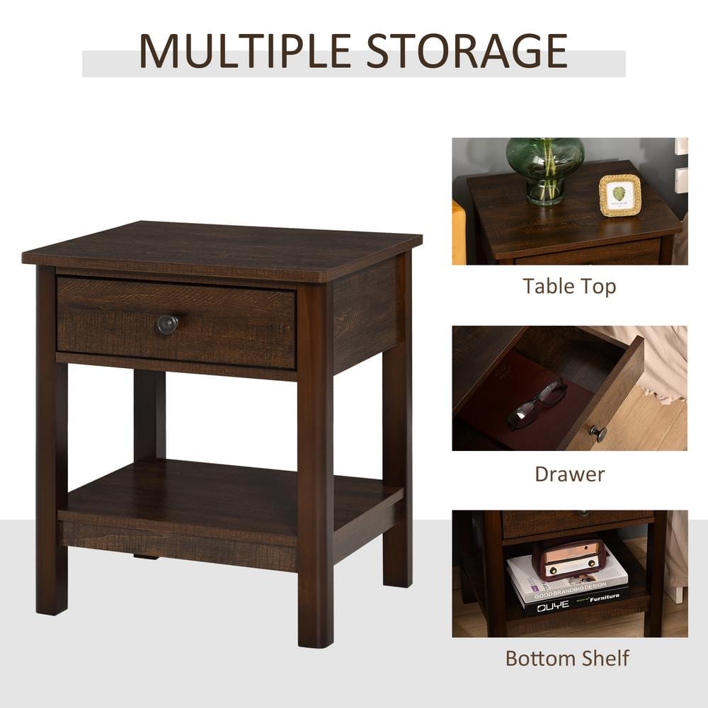 Dark Brown Wood End Table with Drawer and Shelf