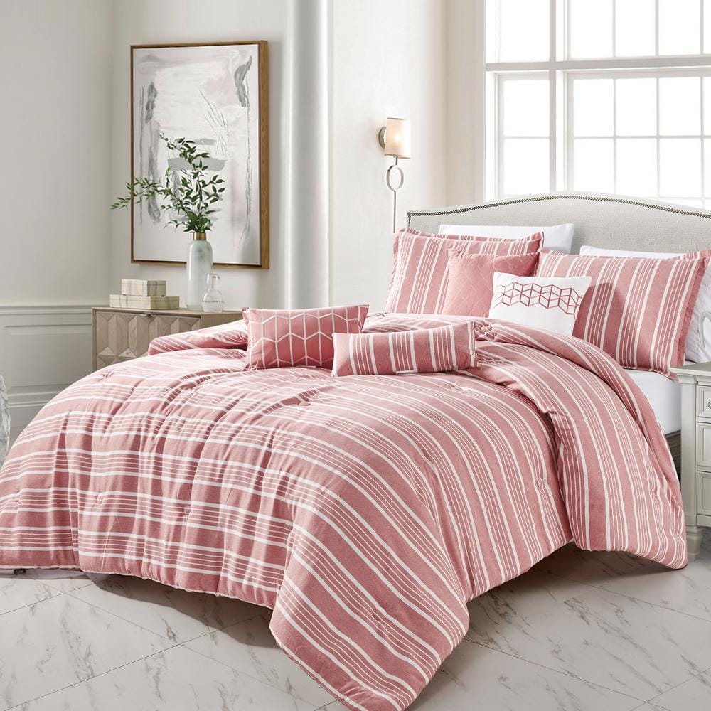 7-Piece White & Gold Stripe Embellished Comforter Set, Queen, Sold by at Home