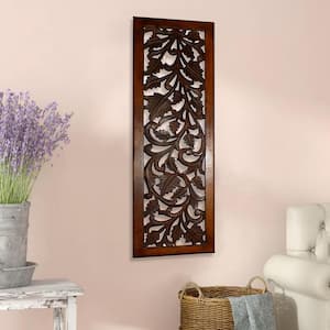 12 in. W x 36 in. H Rectangle Wooded Brown Handmade Wall Art with Leaves and Scroll Work Motif, for Wall Decor